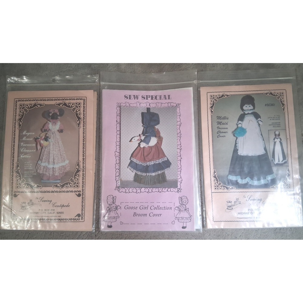 Vtg Sewing Pattern Lot Vacuum Broom‎ Covers Megan Mouse Millie Maid Goose Girl